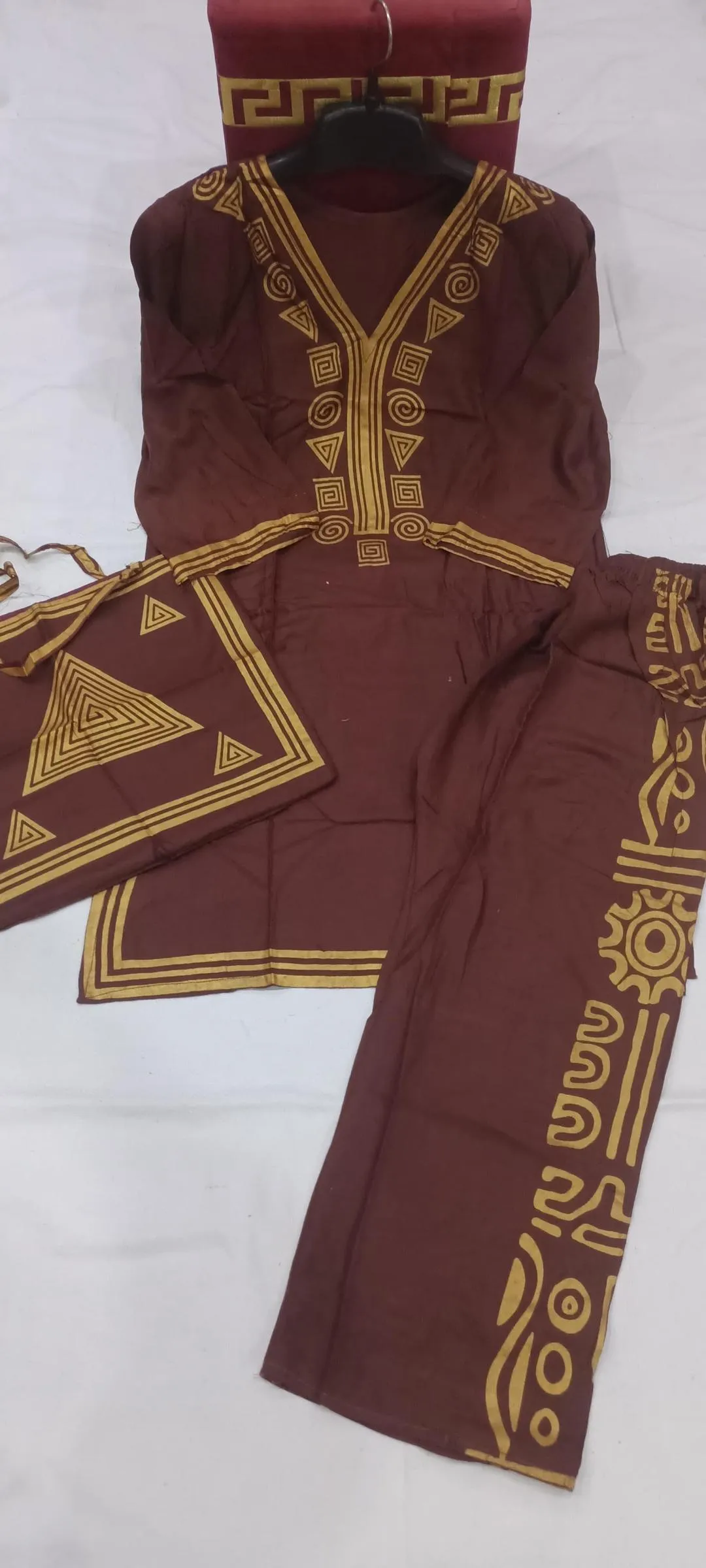 Brown Printed 3-Piece Linen Suit for Women
