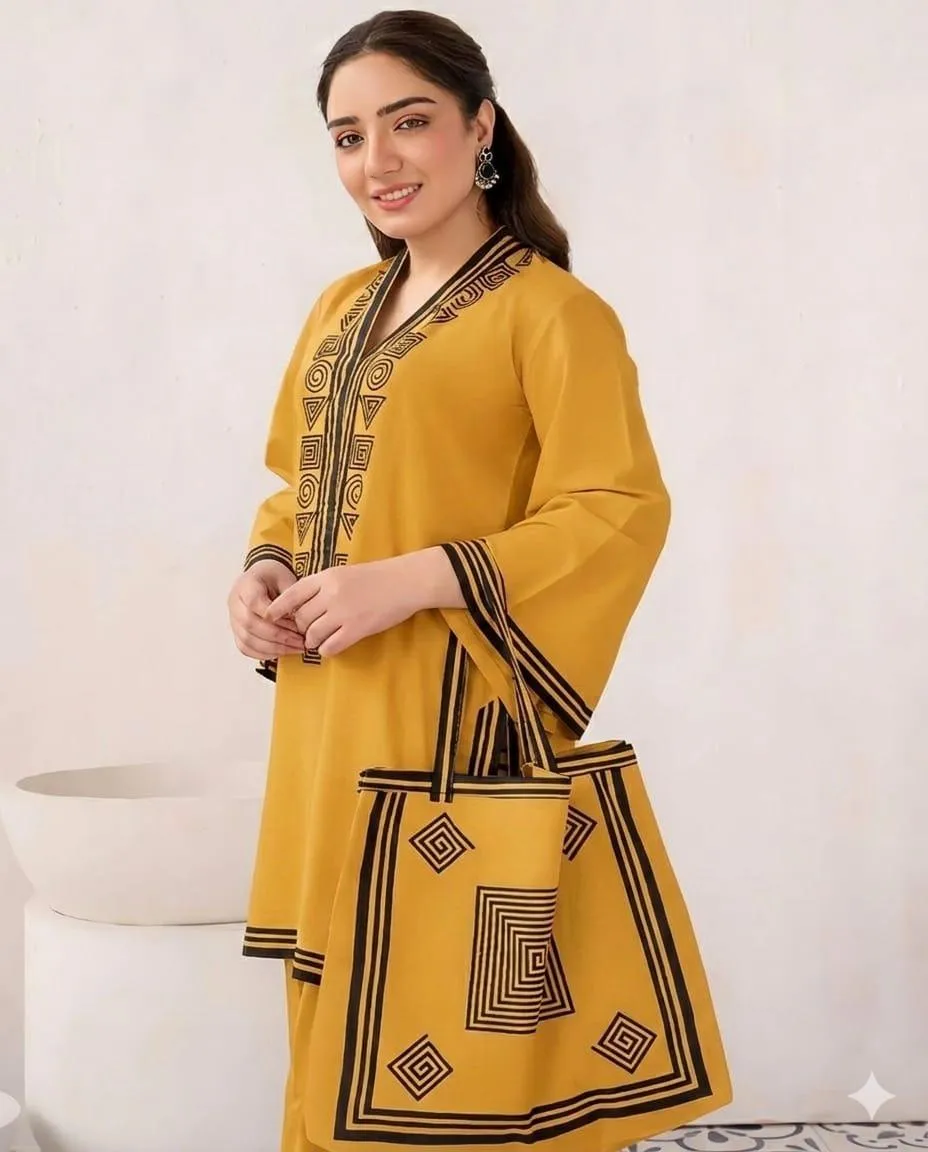 Mustard Printed Linen 3-Piece Set for Women