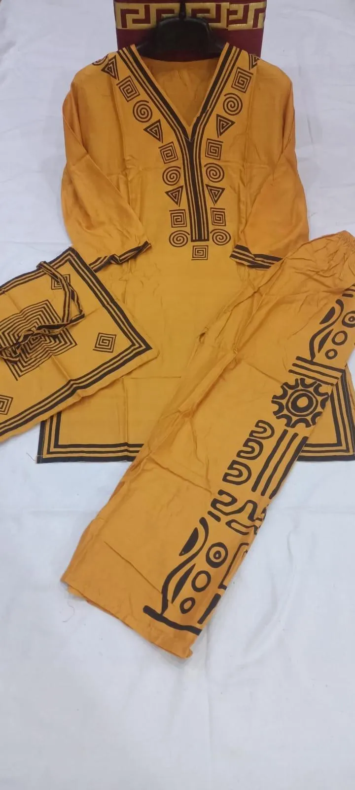 Mustard Printed Linen 3-Piece Set for Women