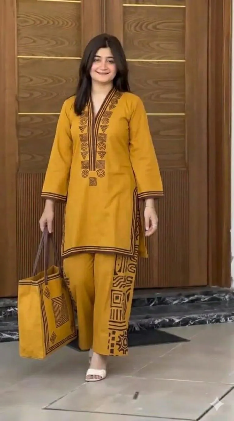 Women Linen Printed Shirt Trouser Set Mustard with Bag