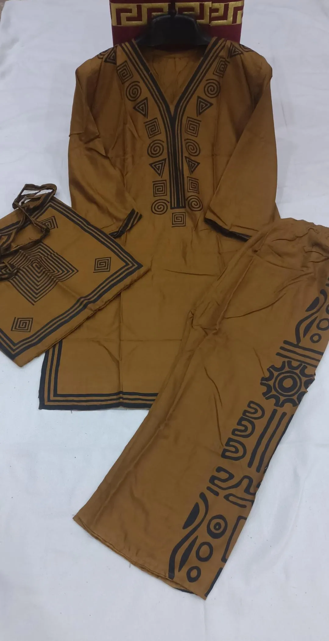Brown Printed Linen 3Pc Set Shirt Trouser Bag