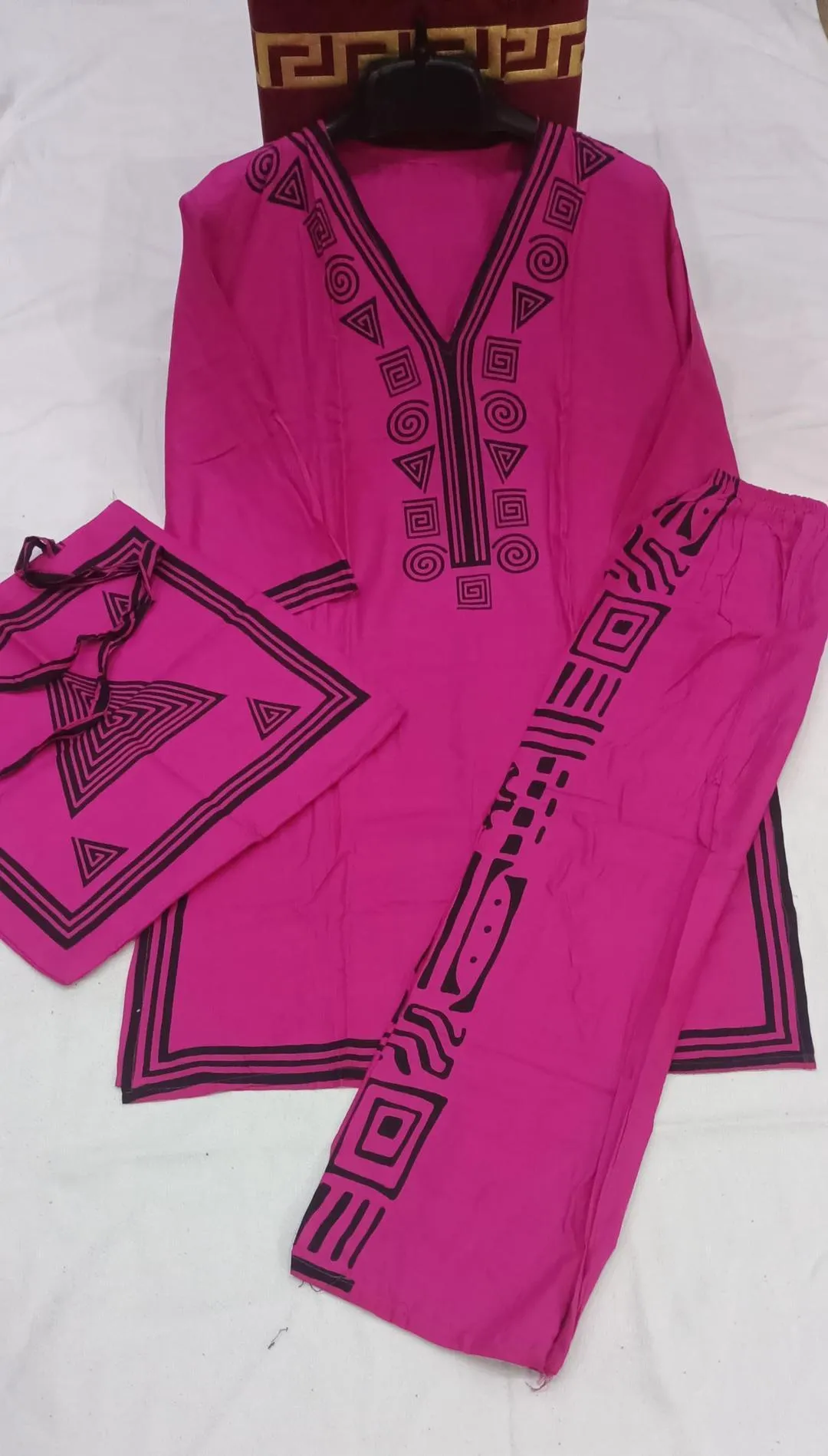 Pink Linen Printed 3Pc Set with Bag