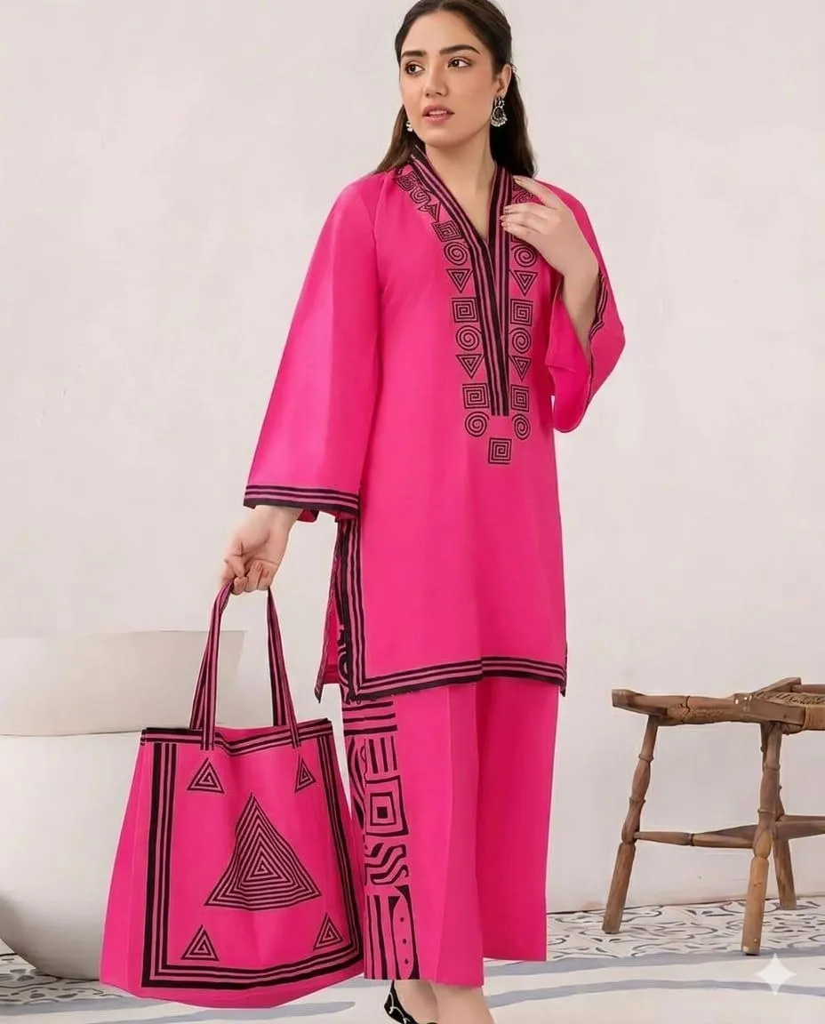 Pink Linen Printed 3Pc Set with Bag