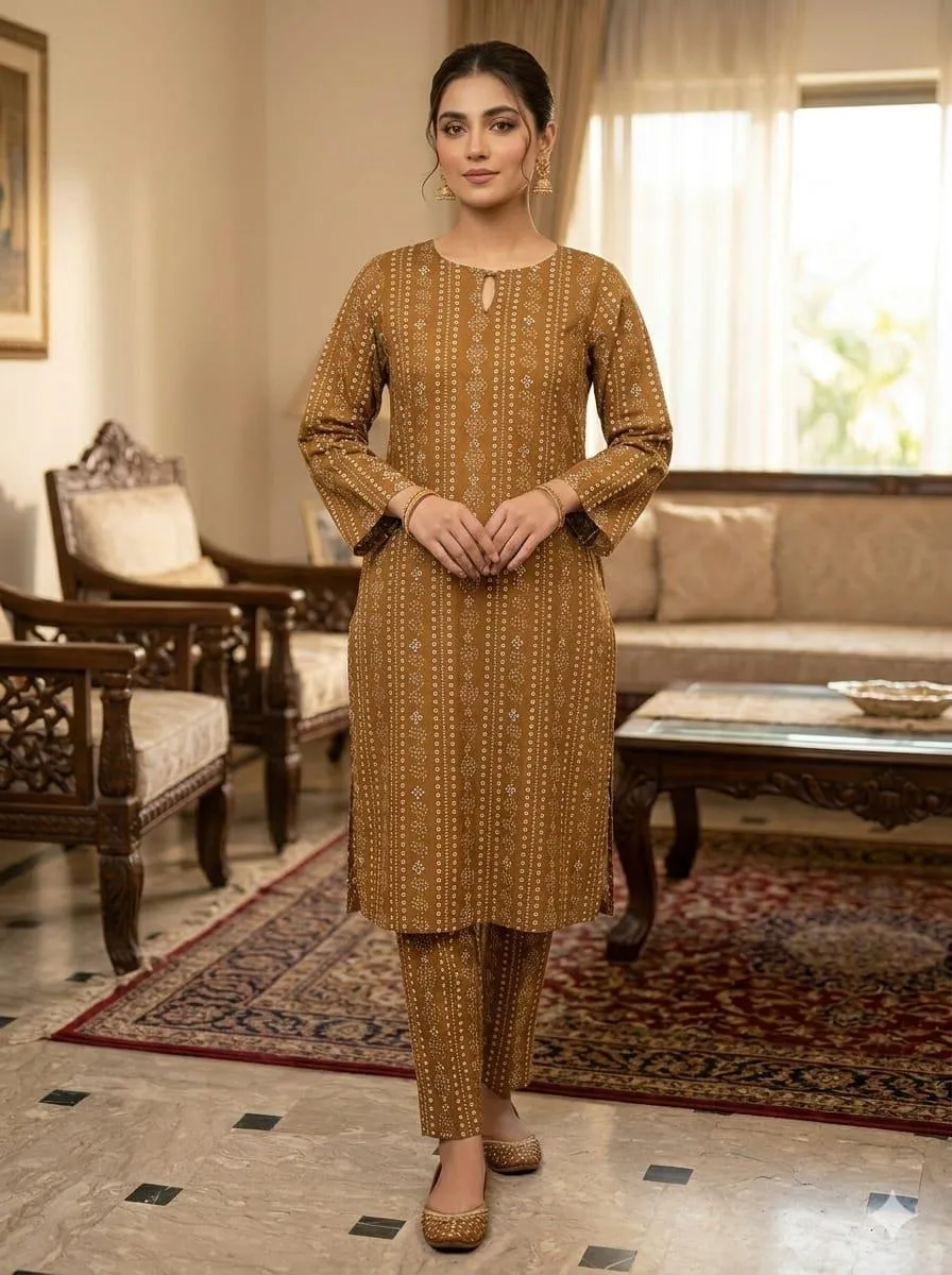 Beige Printed Linen 2-Piece Set for Eid & Festive Wear