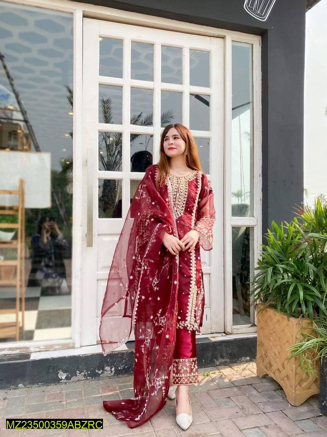 3 Pcs Women's Stitched Organza Sequins Embroidered Zari Tilla Suit