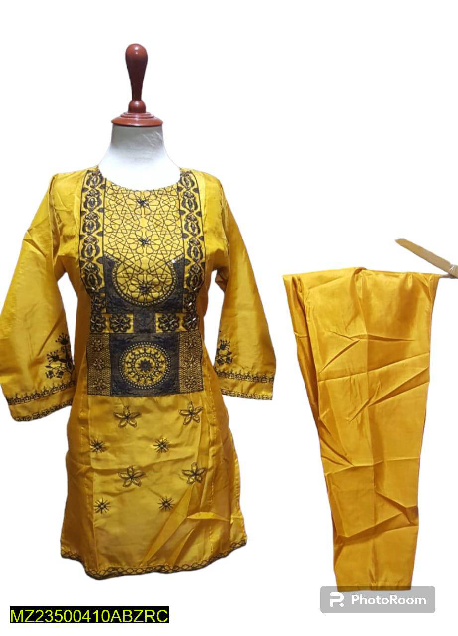 2 Pcs Katan Silk Embroidered Stitched Suit