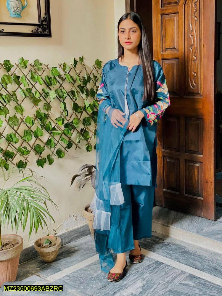 3 Pcs Women's Stitched Katan Silk Embroidered Suit