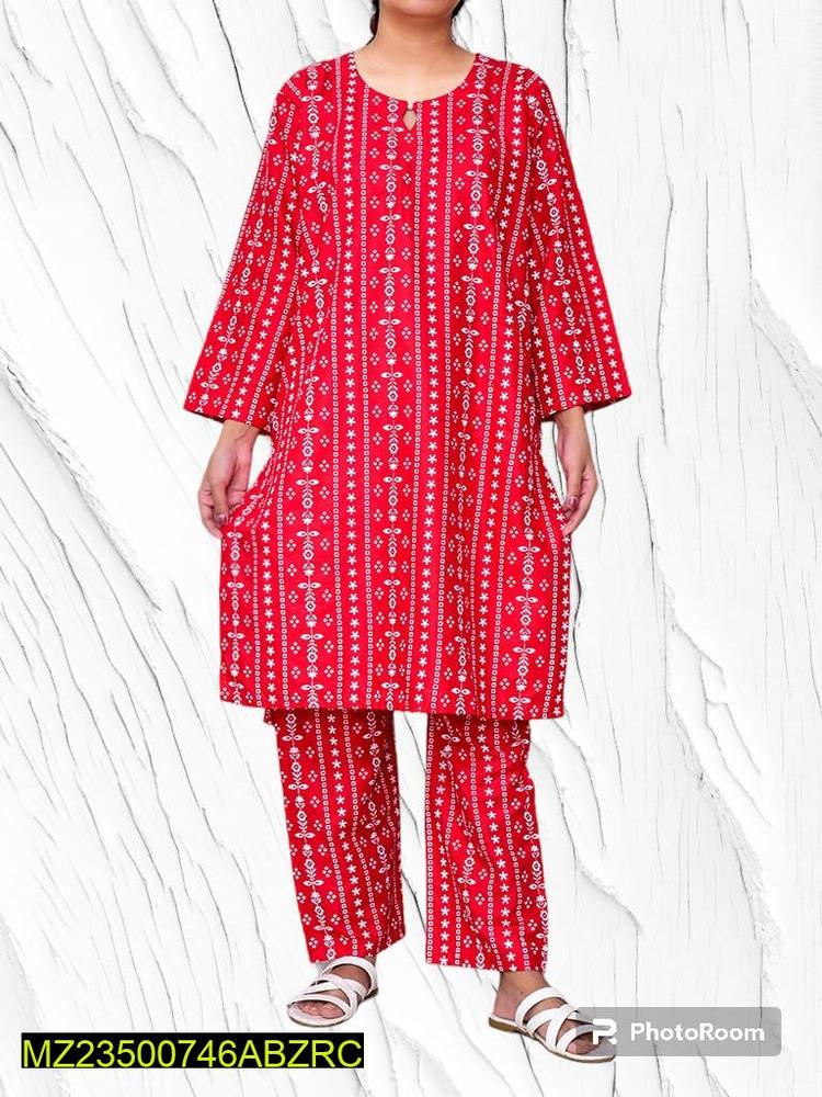 2 Pcs Women's Stitched Linen Printed Suit