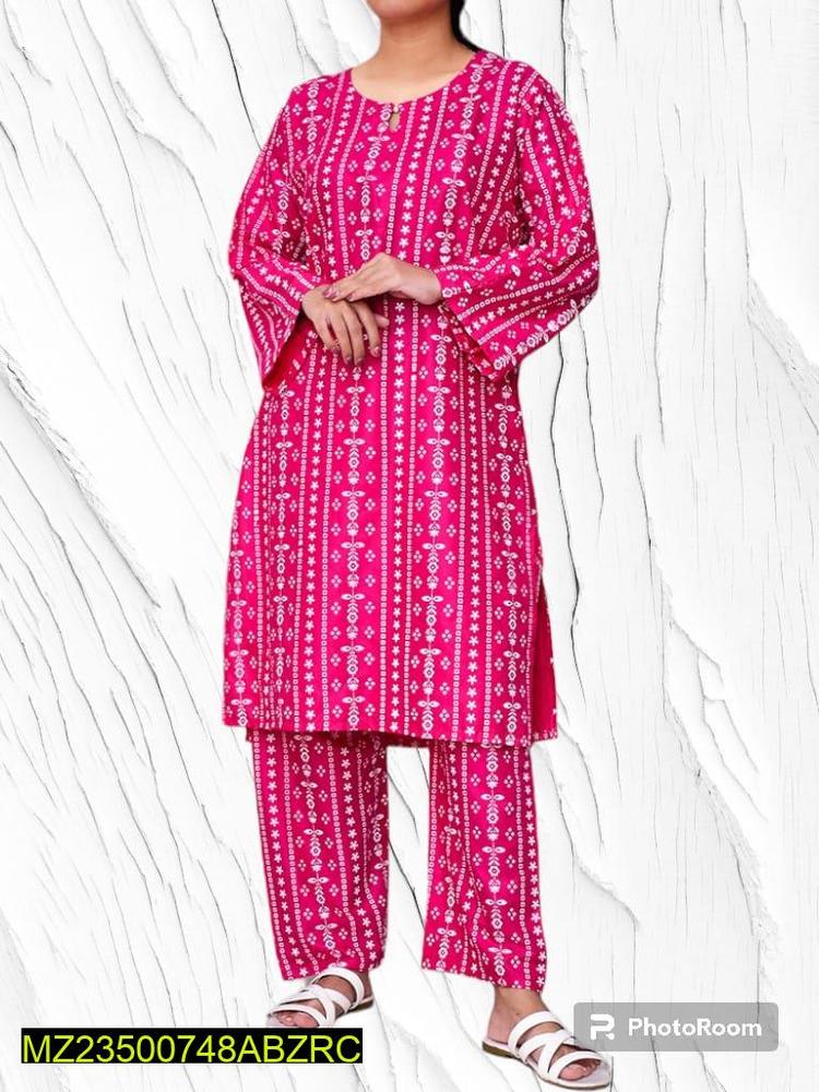 2 Pcs Women's Stitched Linen Printed Suit