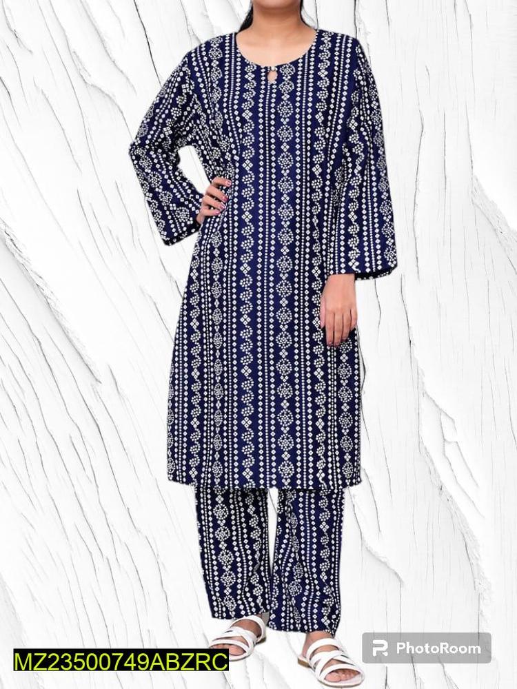 2 Pcs Women's Stitched Linen Printed Suit