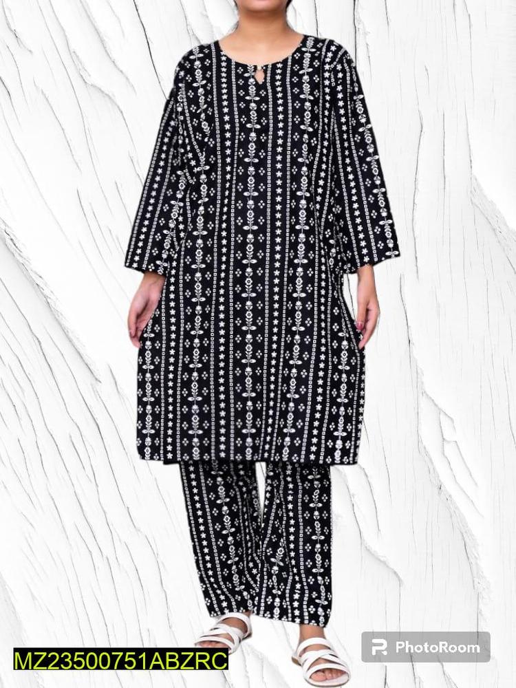 2 Pcs Women's Stitched Linen Printed Suit