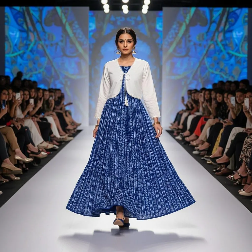 Blue Printed Linen Maxi Dress with White Jacket Set