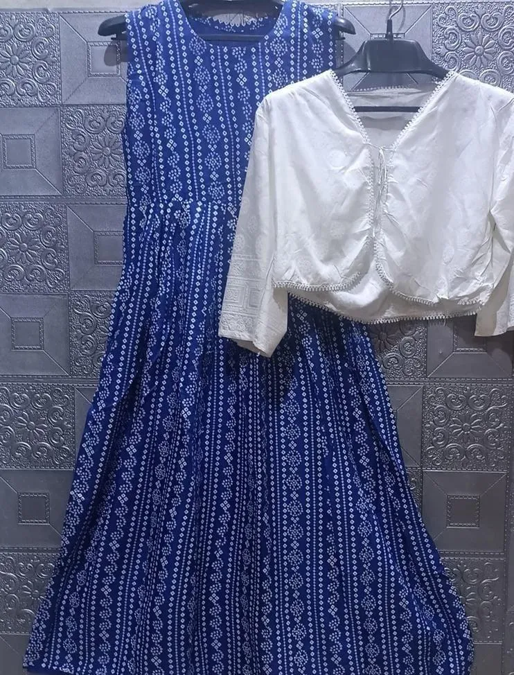 Blue Printed Linen Maxi Dress with White Jacket Set