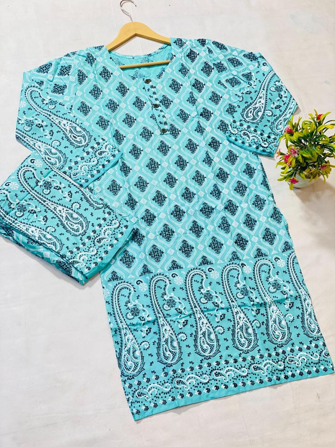 Women's Stitched Printed Shirt and Trouser Set - 2 Pcs in Blue