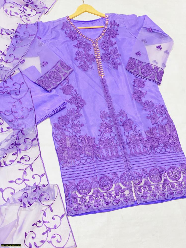 3 Pcs Women's Stitched Fancy Organza Embroidered Suit