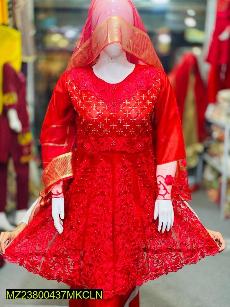 3 Pcs Women's Stitched Fancy NetEmbroidered Maxi