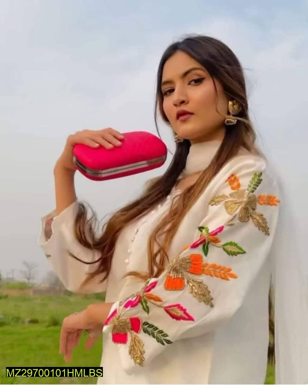 Elegant White Katan Silk Embroidered Suit - 3 Pcs Set