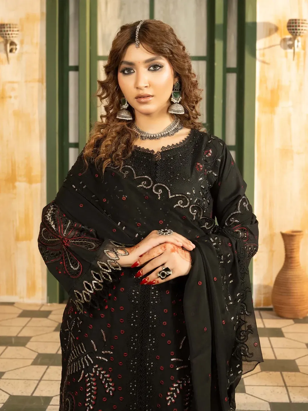 Lehran - U4B Women's Stitched Embroidered Lawn Suit - 3 Pcs In Black