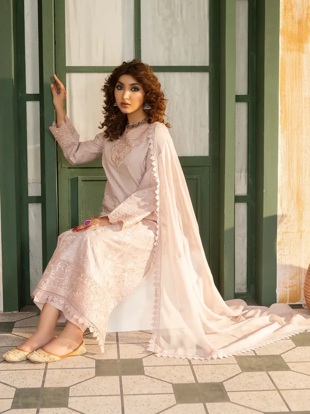 Ziya - U5B Stunning Embroidered Lawn Suit for Women - 3 Pcs Set in Beige