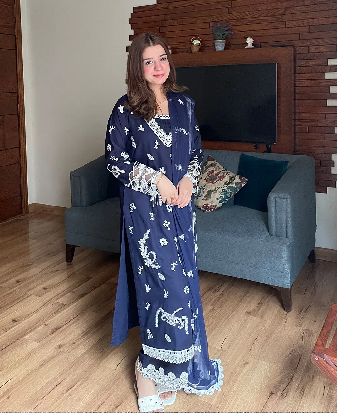 Navy Monarch - 3 Piece Lawn Cotton Embroidered Dress