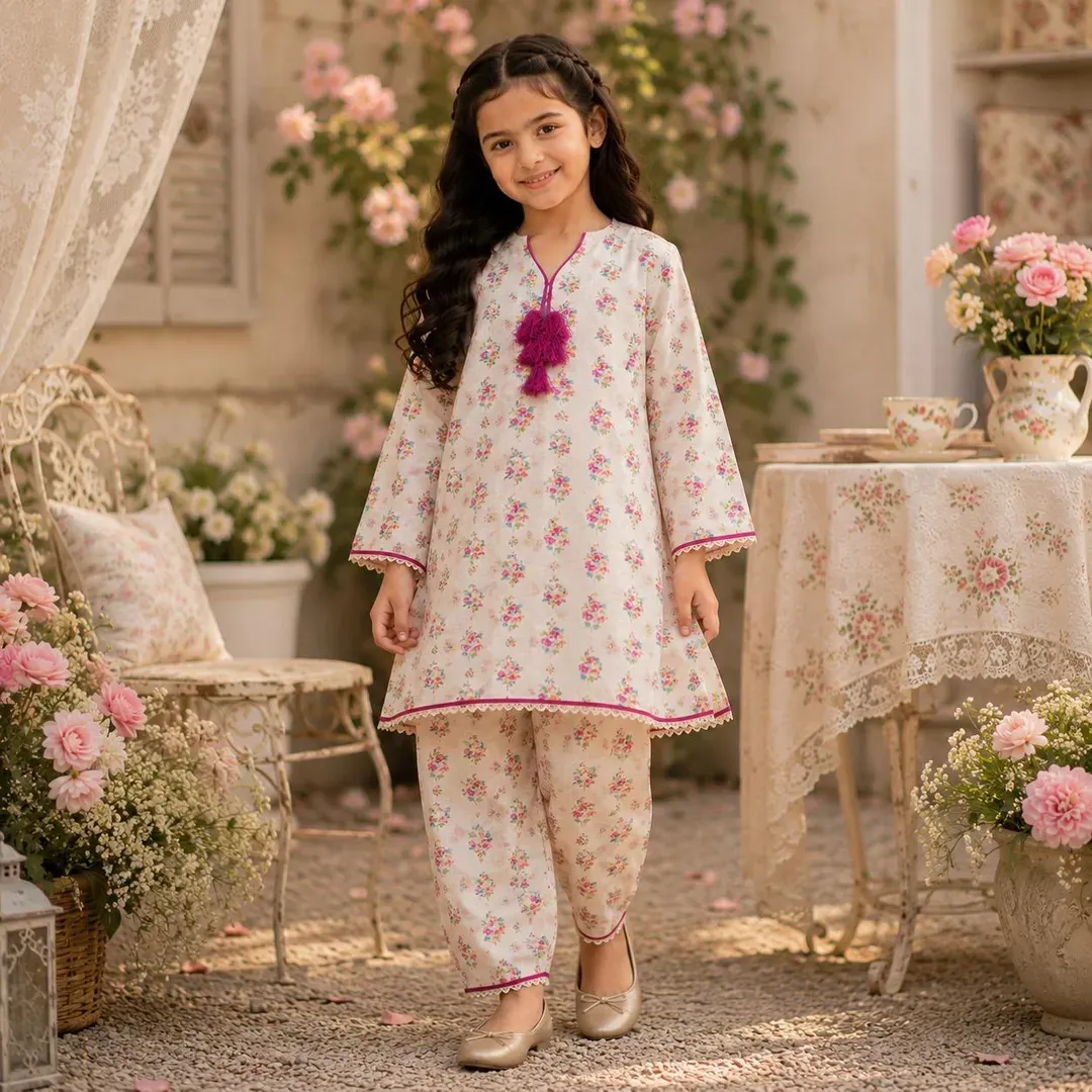 Girl's Cotton Printed Kurta and Shalwar Ditsy Set- 2 Pcs