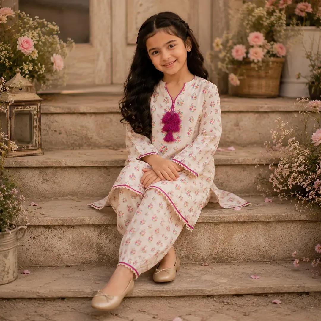 Girl's Cotton Printed Kurta and Shalwar Ditsy Set- 2 Pcs