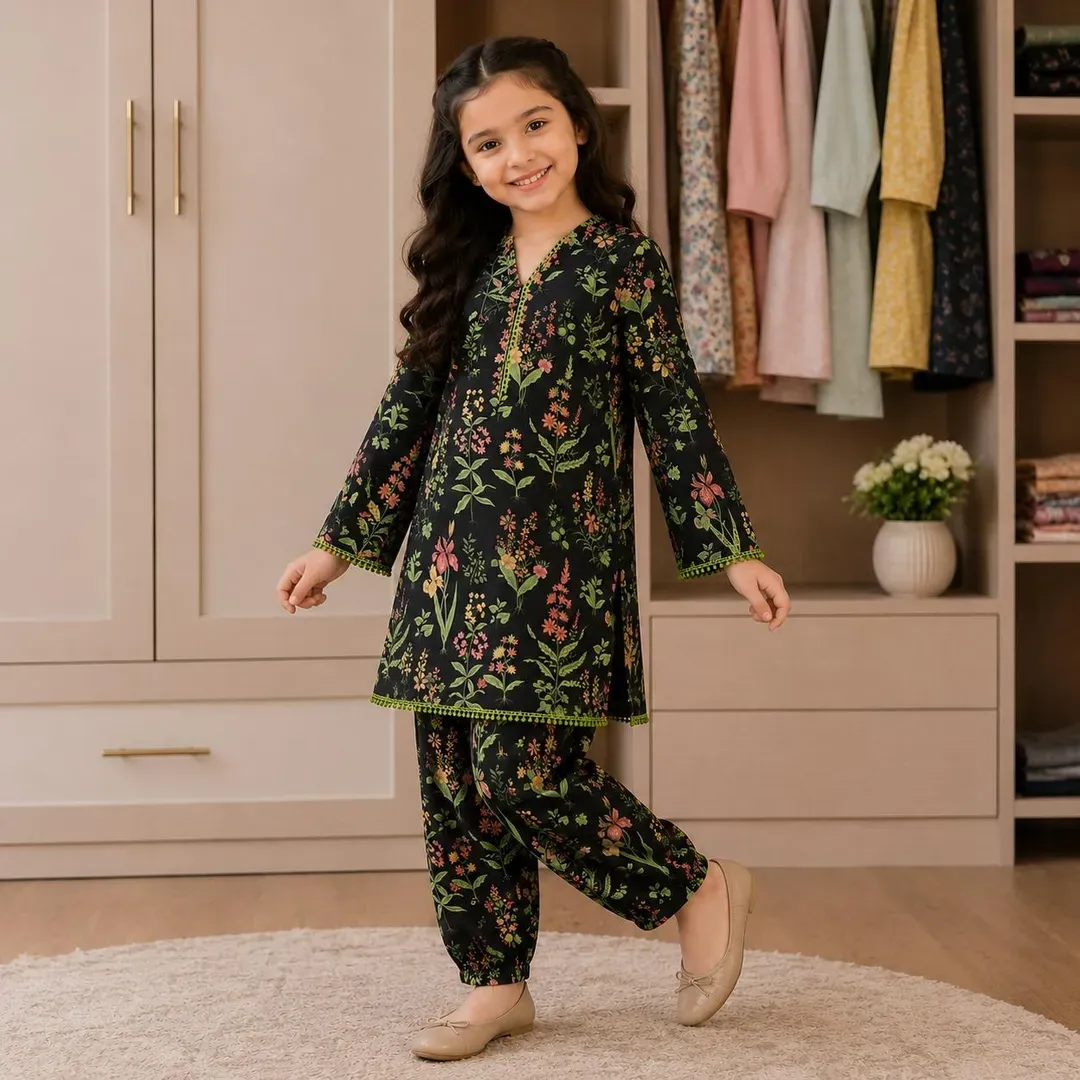 Stylish Bloom Kurta And Trouser Set for Girls - 2 Pcs