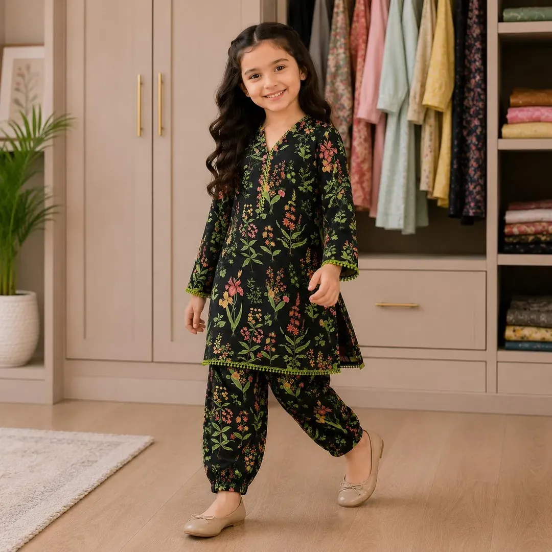 Stylish Bloom Kurta And Trouser Set for Girls - 2 Pcs