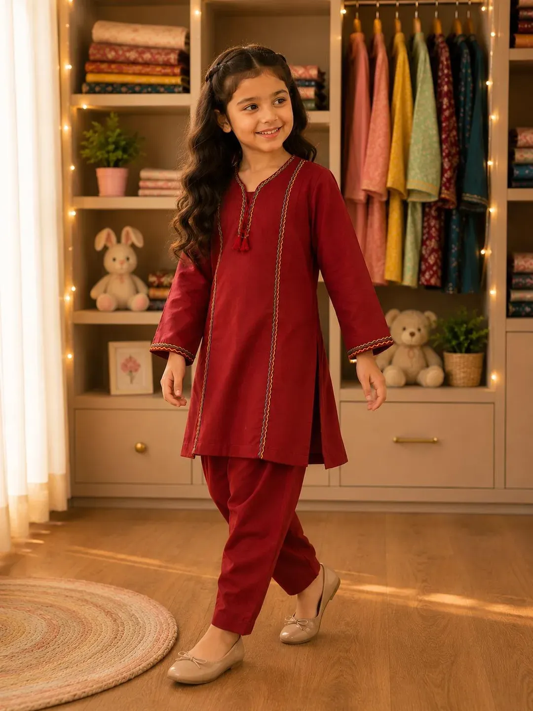 Stylish Girls' Kurta and Trouser Set – 2 Pcs Cotton Outfit