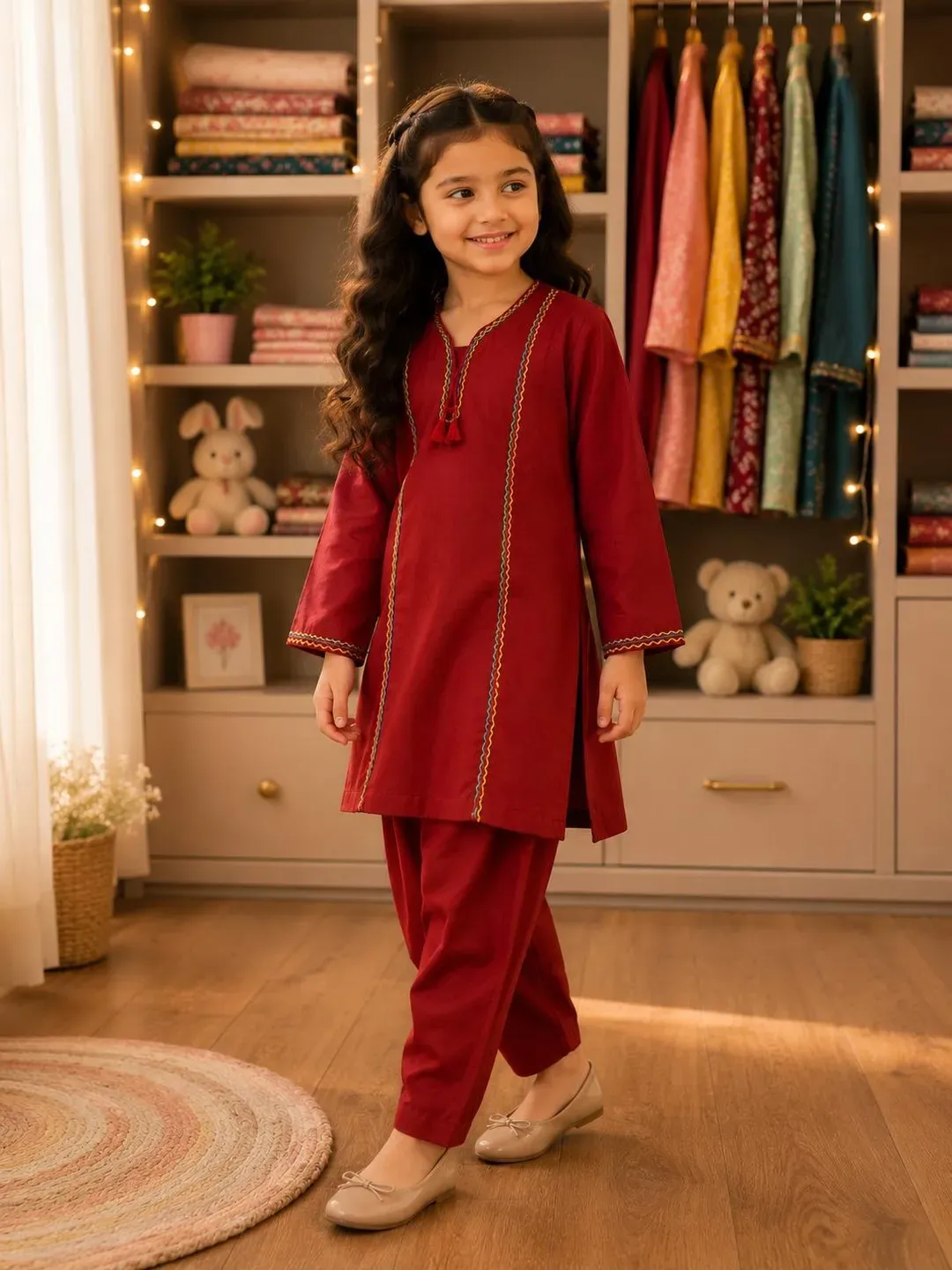 Stylish Girls' Kurta and Trouser Set – 2 Pcs Cotton Outfit