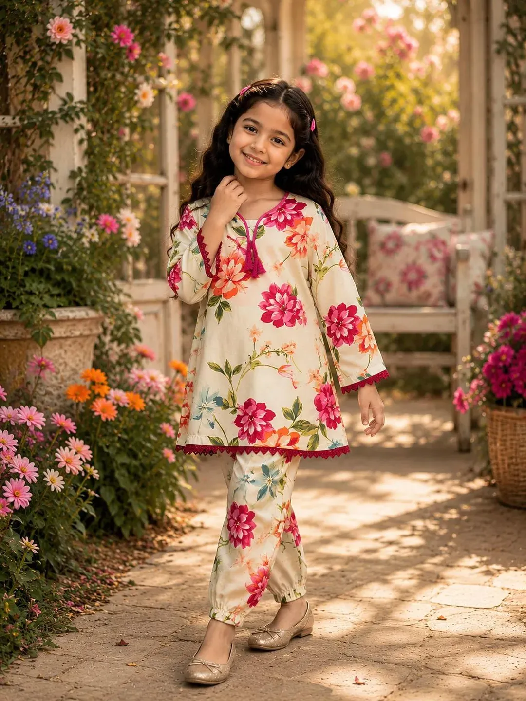 Girls' Cotton Printed Kurta and Trouser Set - 2 Pcs