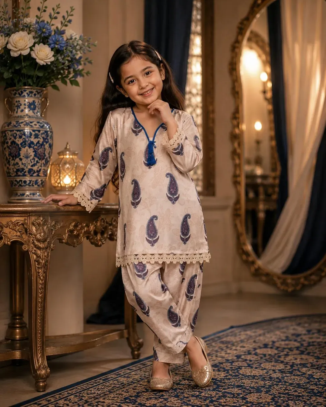 Girl's Silk Kurta and Trouser Set - 2 Pcs
