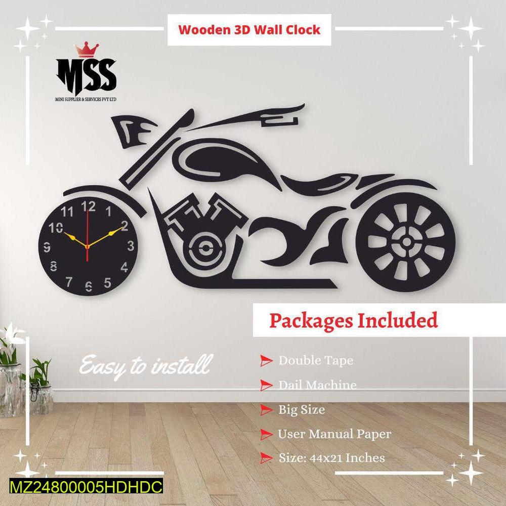 3D Motorcycle Wall Clock Black MDF Large 44x21 Inch