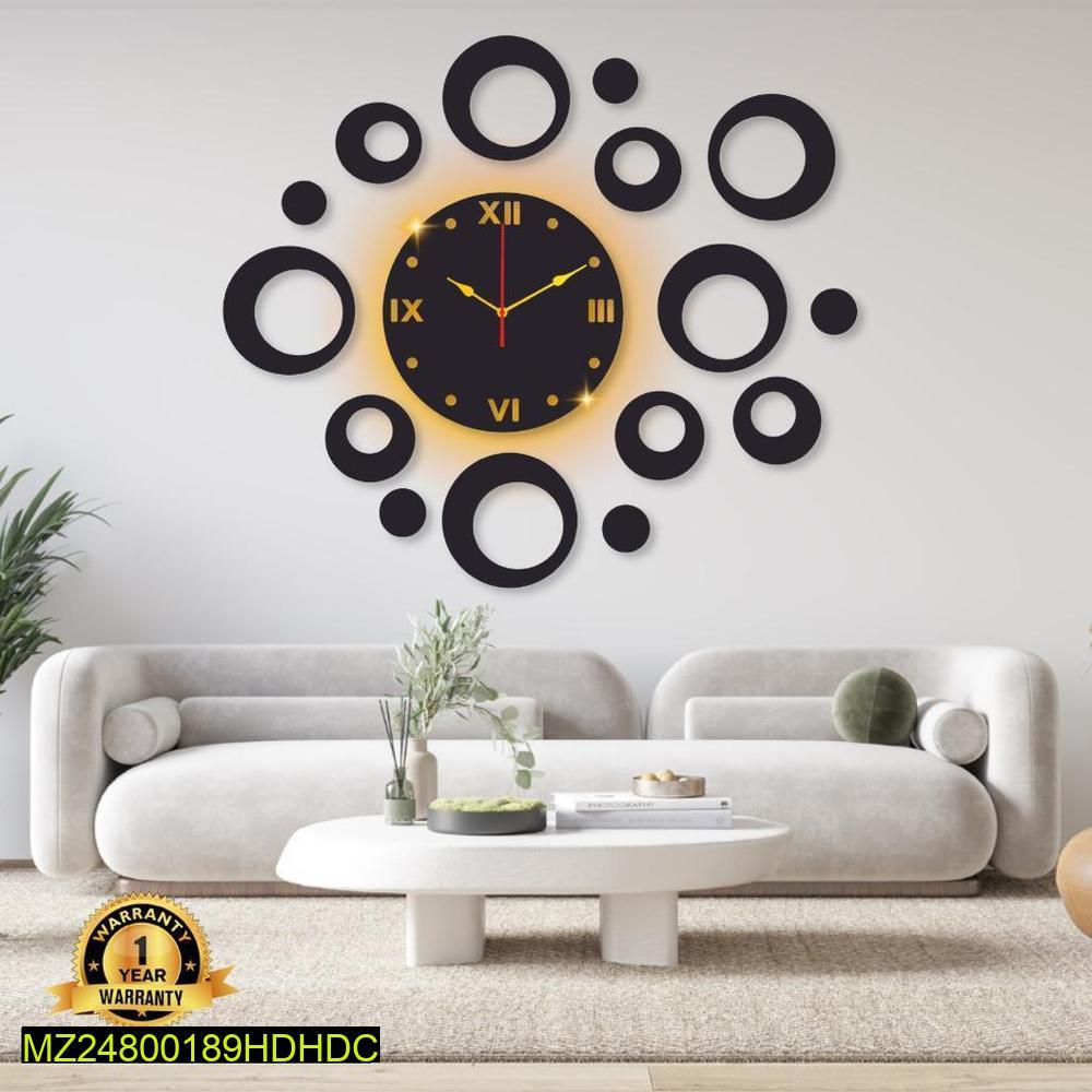Modern Ring Wall Clock Black Gold Backlight for Living Room Office