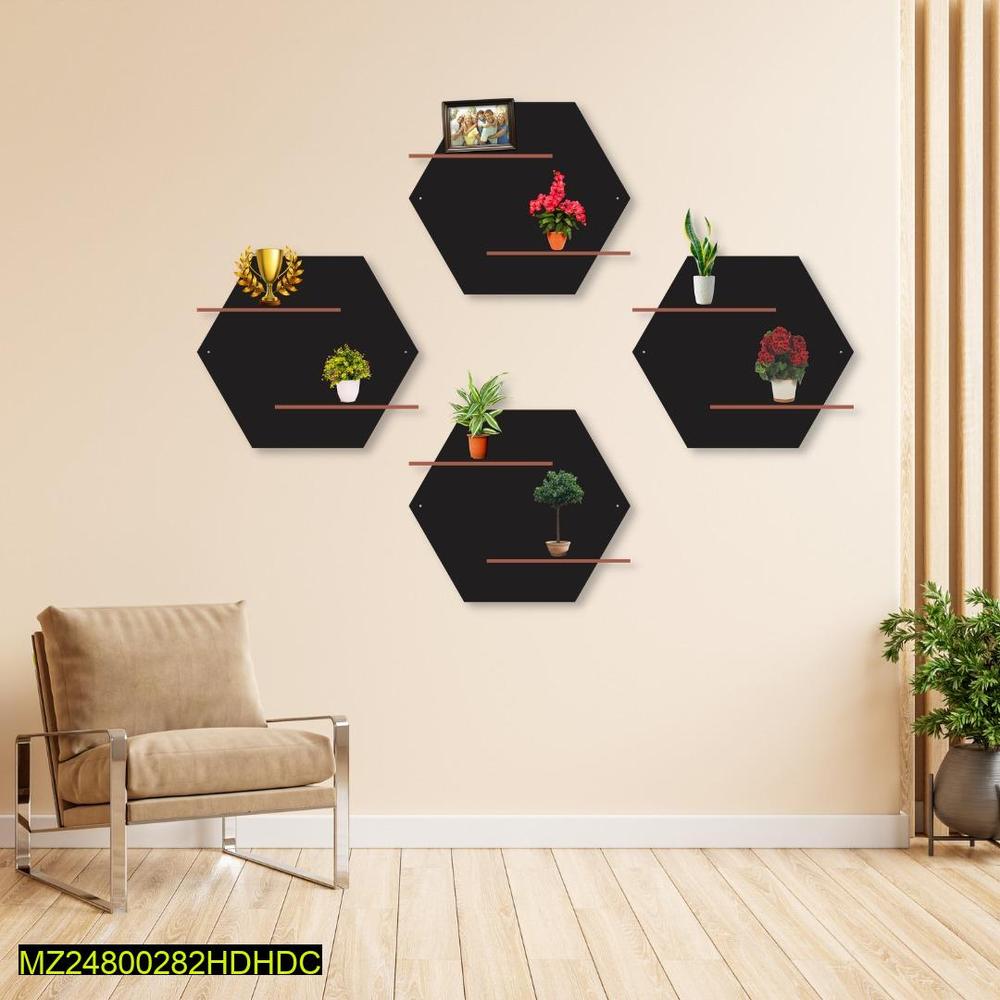 Hexagonal Wall Shelves Set of 4 Black Copper MDF