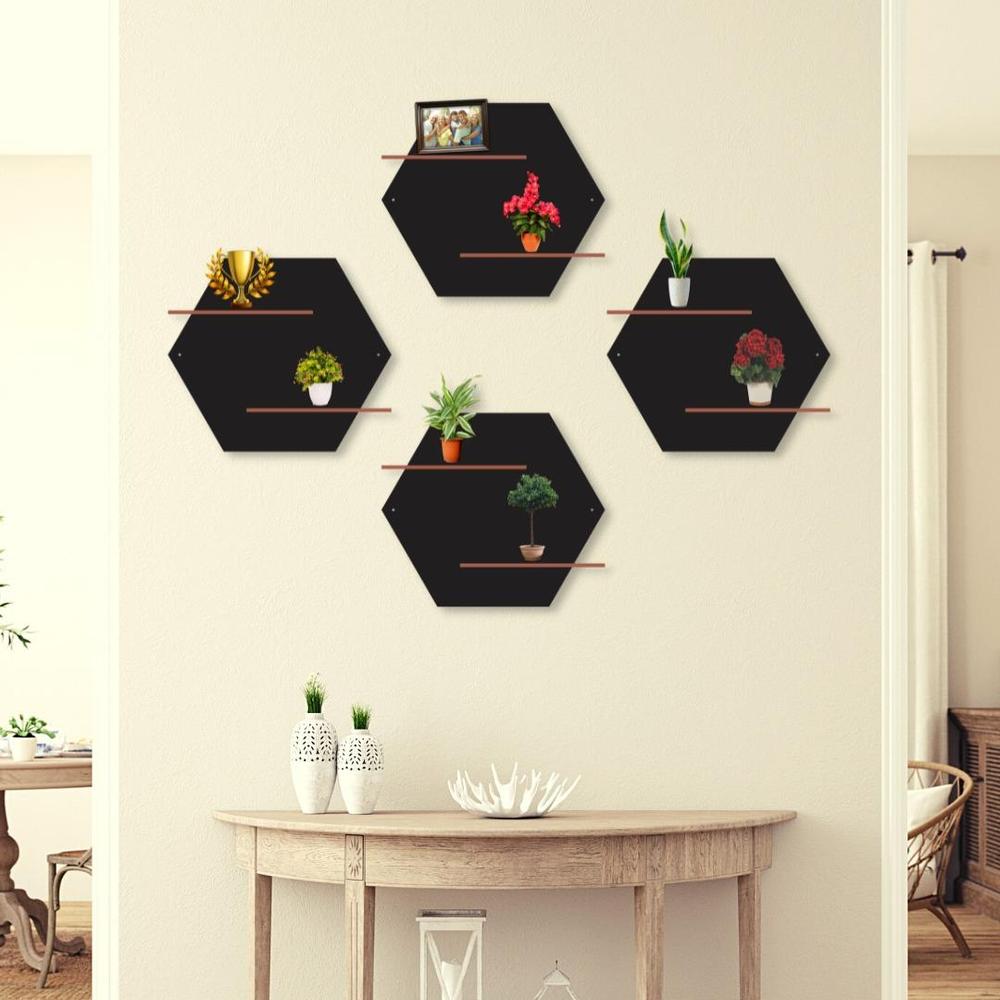 Hexagonal Wall Shelves Set of 4 Black Copper MDF