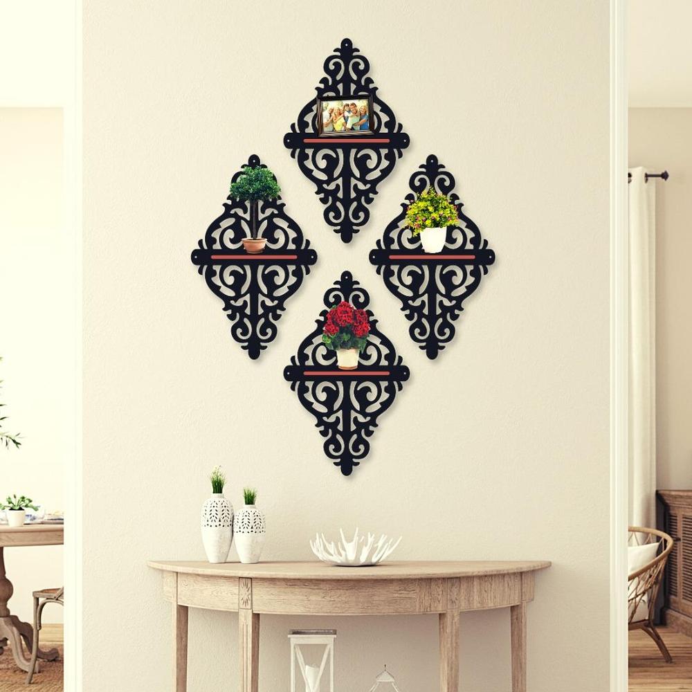 Set of 4 Black Metal Wall Shelves with Red Accents