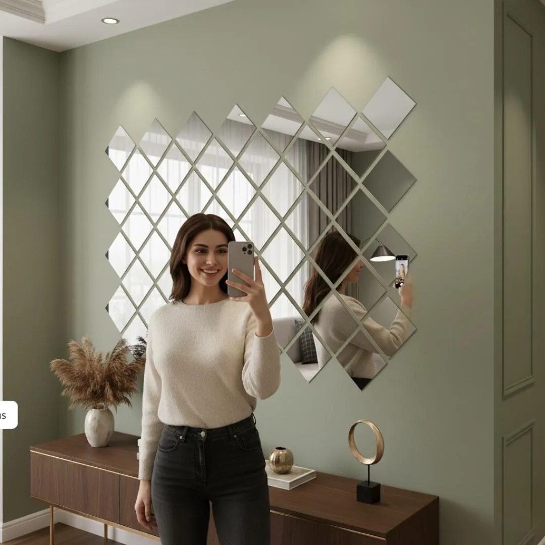 12 Pcs Acrylic Mirror Wall Decor Golden Silver Square Design