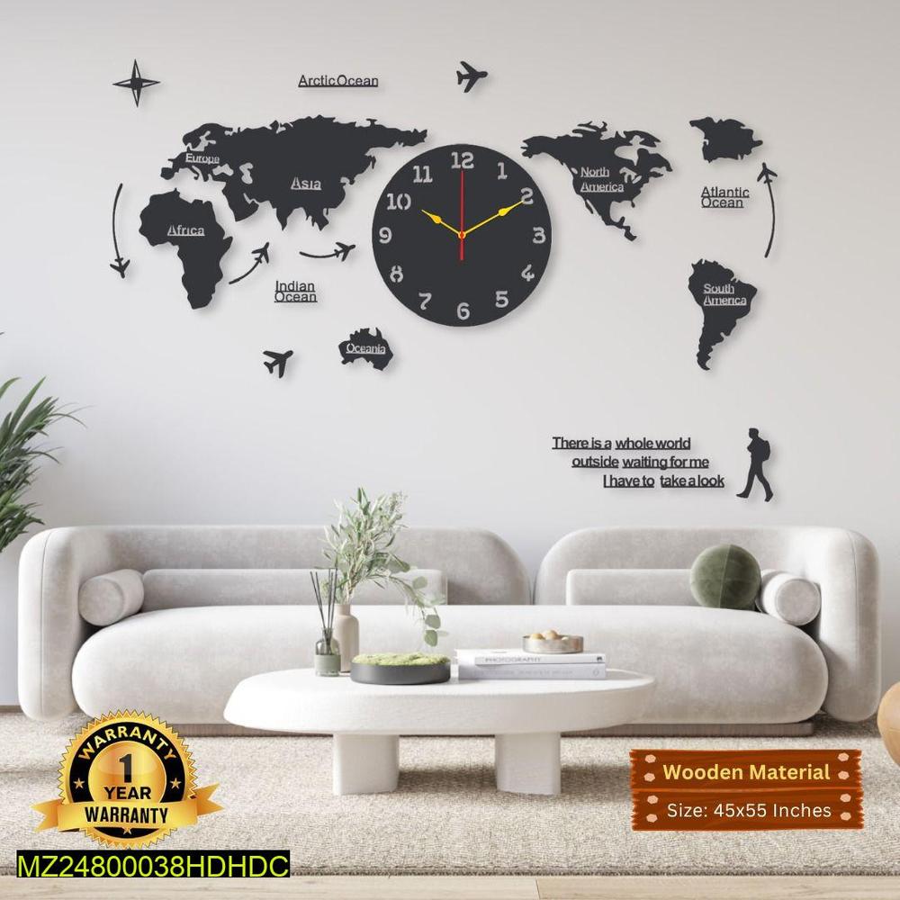 Black World Map Clock 45x55mm MDF for Home Decor
