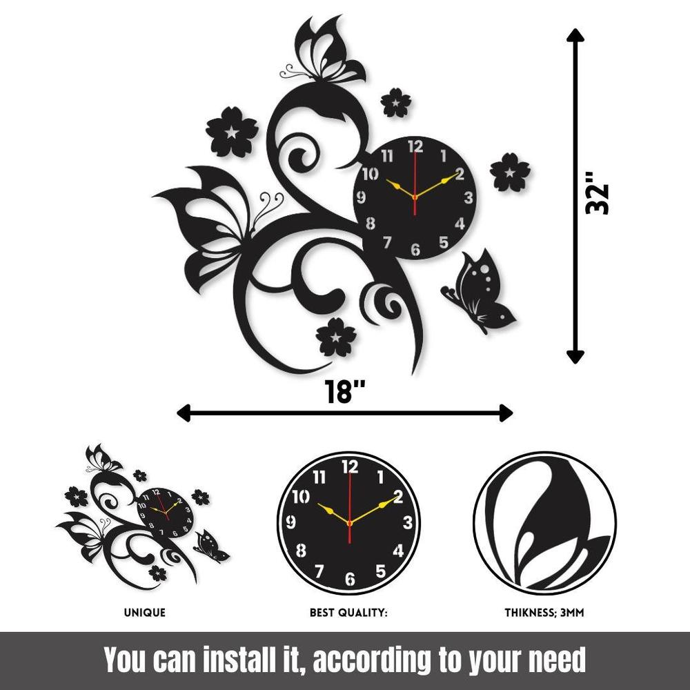 Black Floral Butterfly Wall Clock for Home Office