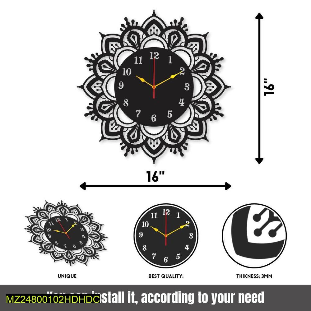 Round Mrdiy Clock Black Mandala Design 16"