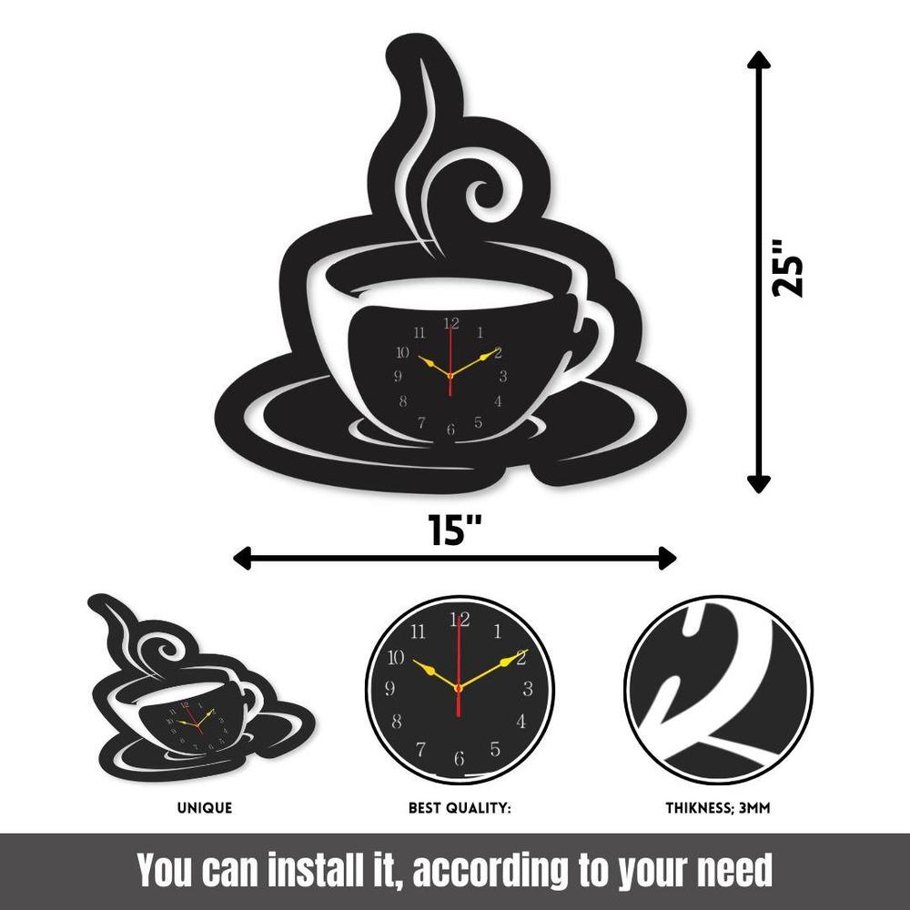 Modern Coffee Cup Wall Clock Black DIY Installation