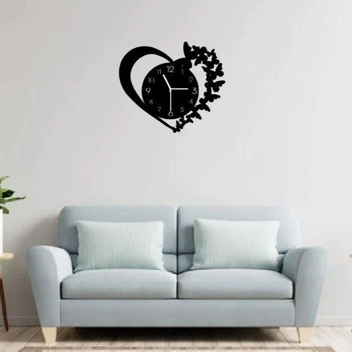 Heart Shaped Wall Clock Black Butterfly Design