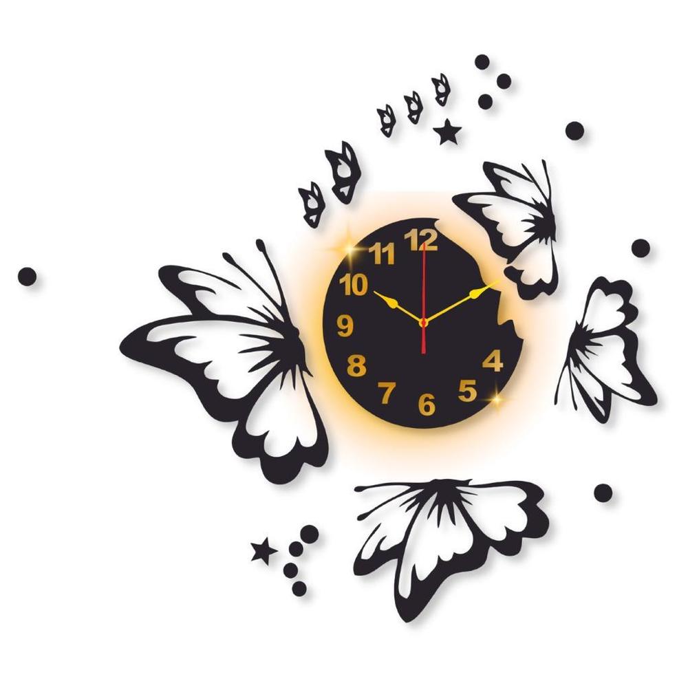 Butterfly Wall Clock Black Gold Modern Decor