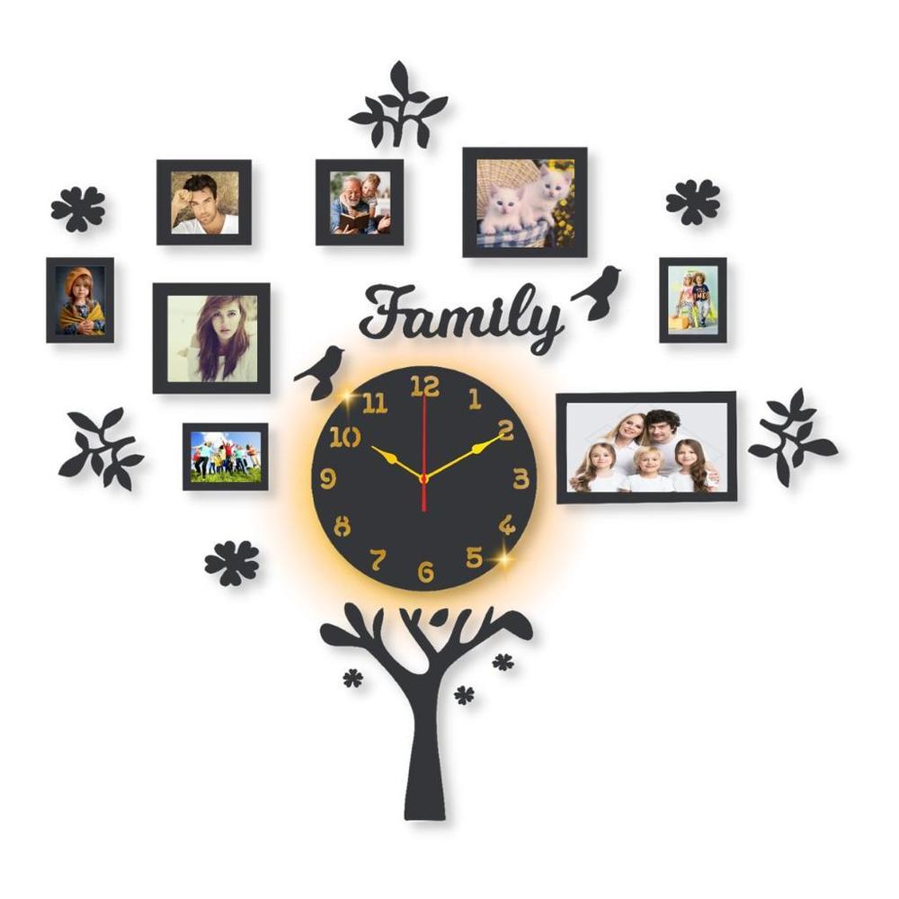 Family Tree Wall Clock with Backlight & Photo Frames