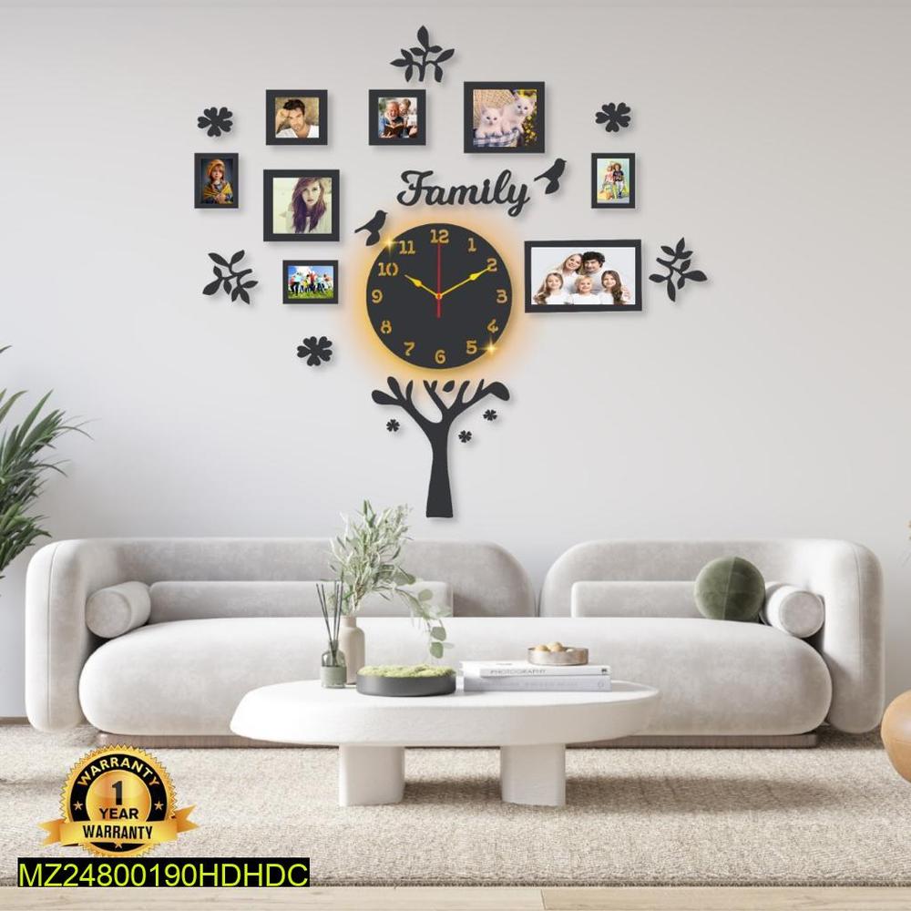 Family Tree Wall Clock with Backlight & Photo Frames