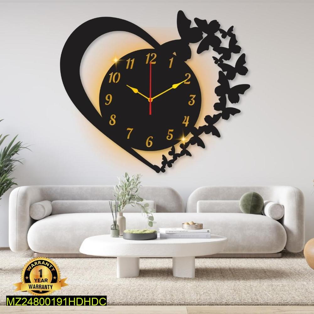 Heart Shaped Wall Clock with Butterfly Design Black