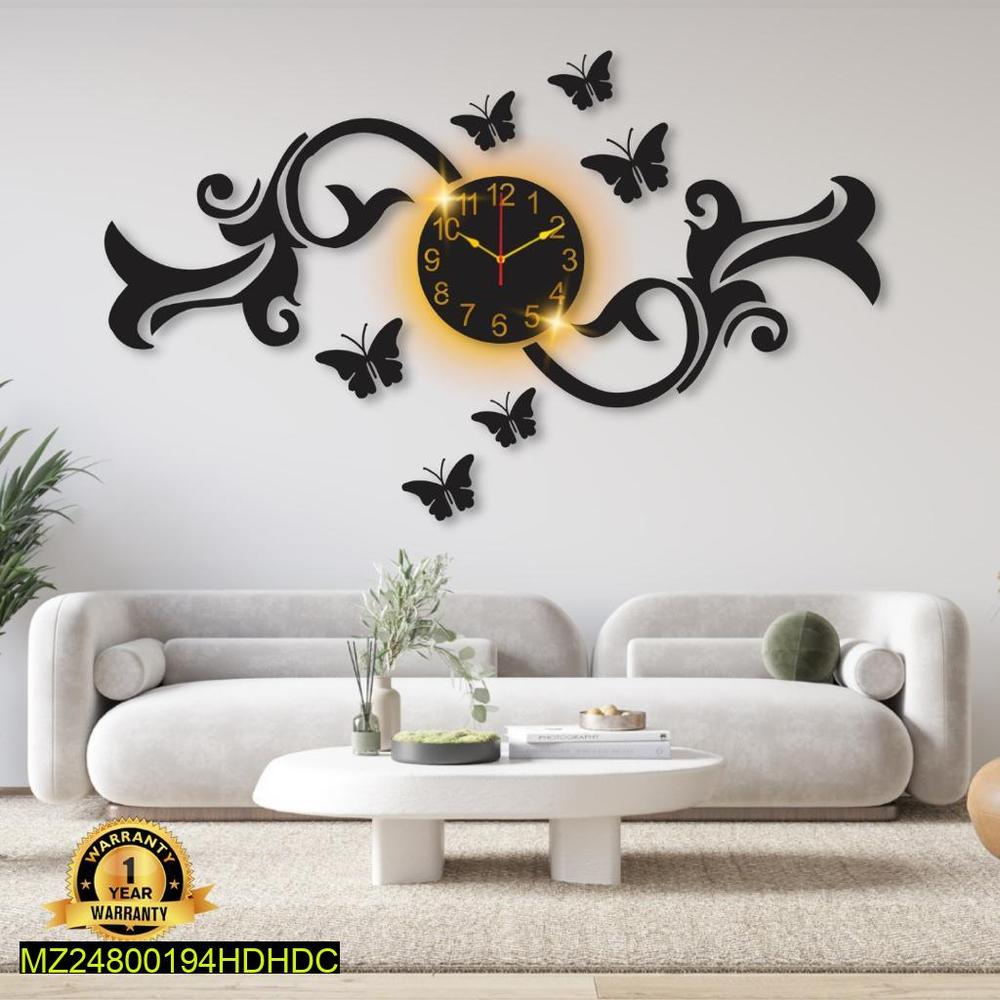 Butterfly Wall Clock Black Backlit 24x16