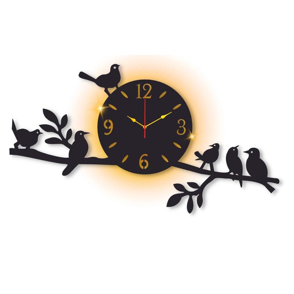 Modern Bird Wall Clock with Backlight Black Gold