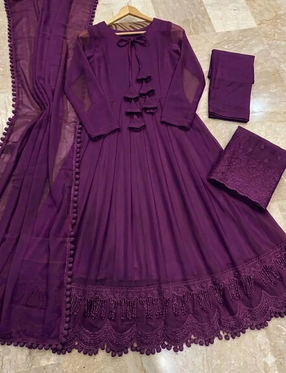 3 Pcs Women's Stitched Chiffon Plain Maxi Suit